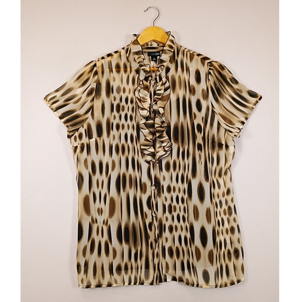 Mobwife East 5th Womens L Brown Animal Print Ruffle Short Sleeve Blouse